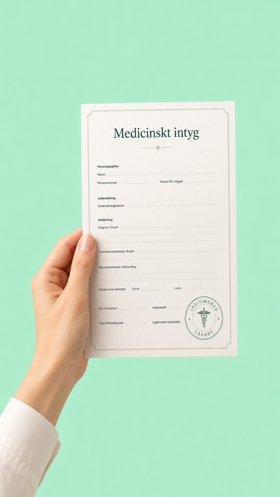 En hand håller upp ett medicinskt intyg utfärdat av en legitimerad läkare